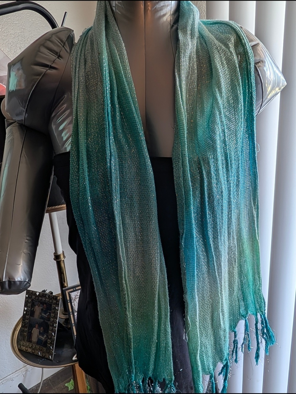 Lightweight Teal Gradient Metallic Thread Scarf - Women Accessories